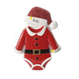 Personalized Christmas baby onesie ornament with a name on the Santa hat brim and year on the sleeve cuff.