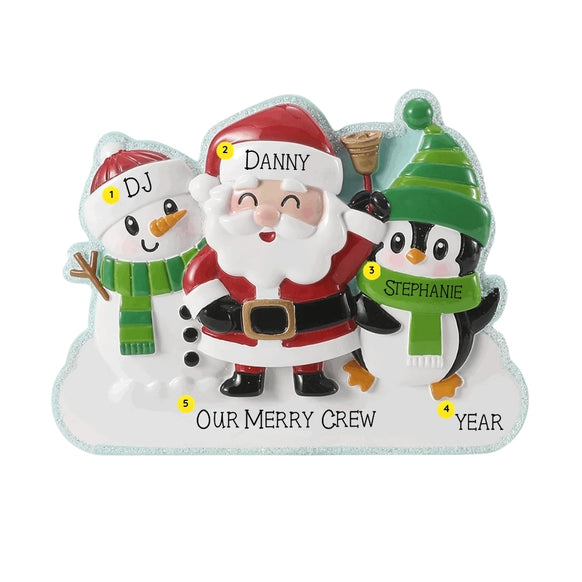 Personalized Christmas character family ornament for three with example names on each character, a short family phrase across the snow, and a year.