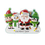 Personalized Christmas character family ornament for four with example names on each character, a short family phrase across the snow, and a year.