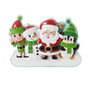 Christmas character family ornament for four with an elf, snowman, Santa, and penguin standing together on snow.