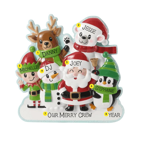 Personalized Christmas character family ornament for six with example names on each character, a short family phrase across the snow, and a year.