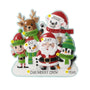 Personalized Christmas character family ornament for six with example names on each character, a short family phrase across the snow, and a year.
