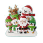 Christmas character family ornament for six with a reindeer, polar bear, elf, snowman, Santa, and penguin gathered on snow.