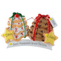 Decorative Christmas ornament with gingerbread cookies and stars, featuring names and numbers.