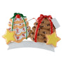 Decorative Christmas ornament shaped like 2 piles of cookies with a stars on a white background