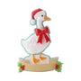 Personalized Christmas goose ornament with a white goose wearing a Santa hat and red bow on a holiday banner base.