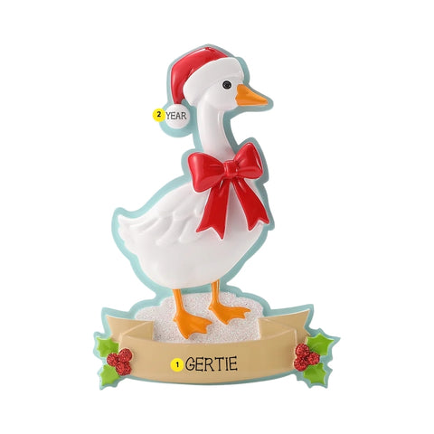 Personalized Christmas goose ornament with a name on the banner and the year on the Santa hat pom-pom.
