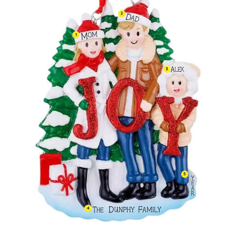 Personalized JOY family of 3 ornament with names on the hats, a family name on the base, and space for a year.