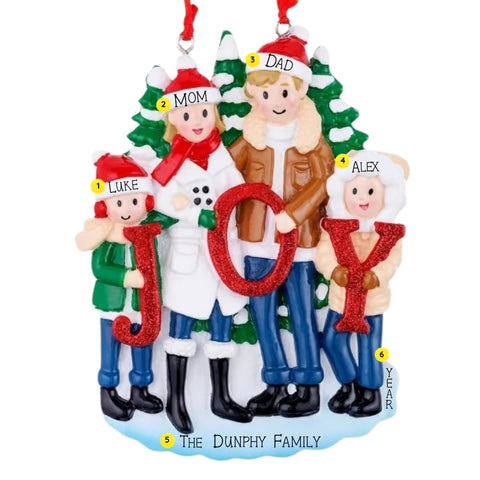 Personalized JOY family of 4 ornament with names on the hats, a family name on the base, and space for a year.