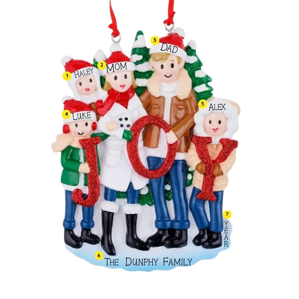 Personalized JOY family of 5 ornament with names on the hats, a family name on the base, and space for a year.