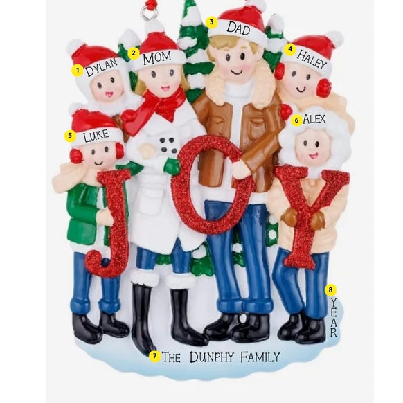 Personalized JOY family of 6 ornament with names on the hats, a family name on the base, and space for a year.