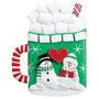 Green Christmas mug tabletop with marshmallows, a candy cane handle, two snowmen, and a red heart accent.