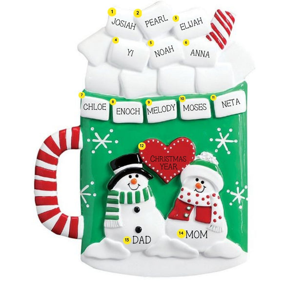 Personalized Christmas mug tabletop example with names across the marshmallows and mug rim, Mom and Dad on the snowmen, and “Christmas Year” on the heart.