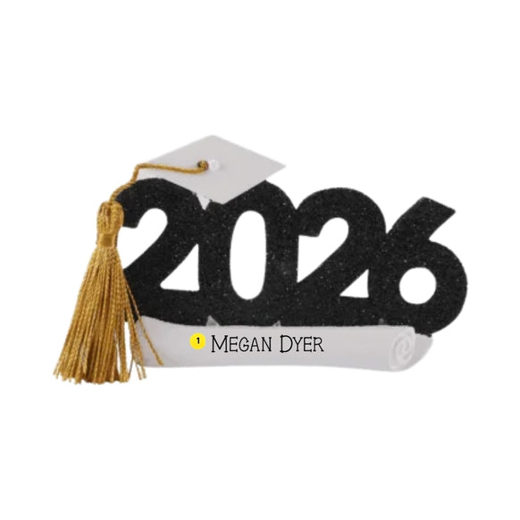 Personalized Class of 2026 graduation ornament with black glitter numbers, white graduation cap, gold tassel, and diploma.