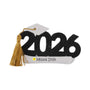 Personalized Class of 2026 graduation ornament with black glitter numbers, white graduation cap, gold tassel, and diploma.