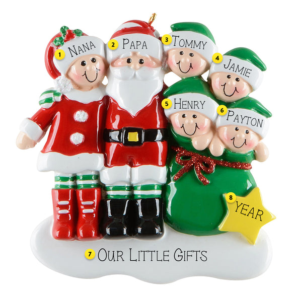 Personalized Christmas ornament with Santa and family members on a white background