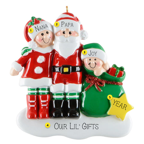 Personalized Christmas ornament with three characters labeled  on a white background.