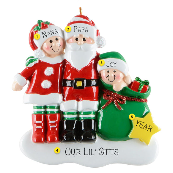 Personalized Christmas ornament with three characters labeled  on a white background.