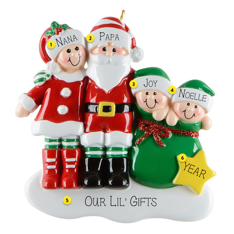 Personalized Christmas ornament with Santa Claus and Mrs and children on a white background