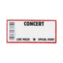 Personalized concert ticket ornament with a red glitter border, barcode, and “Concert” lettering.