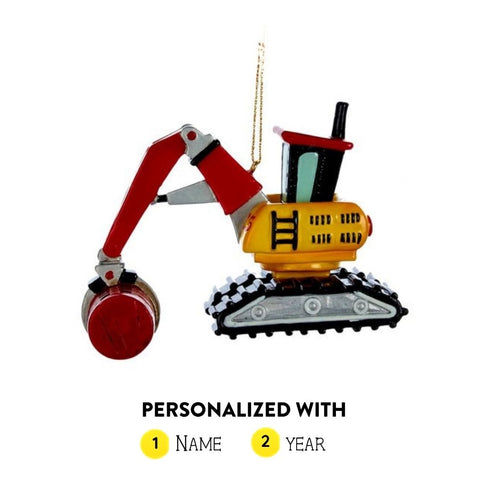 Yellow personalized construction excavator Christmas ornament with a red arm, bucket, and space for a name and year.
