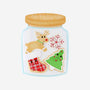 Cookie jar family of 3 ornament with smiling reindeer, Christmas tree, and red stocking cookies in a pale blue jar.