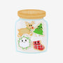 Cookie jar family of 4 ornament with reindeer, wreath, red stocking, and Christmas tree cookies inside a pale blue jar.