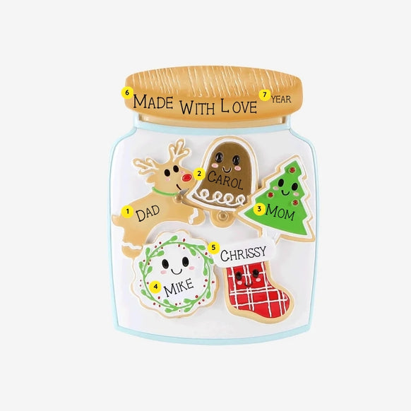 Personalized cookie jar family of 5 ornament with names on each cookie, plus phrase and year on the jar lid.