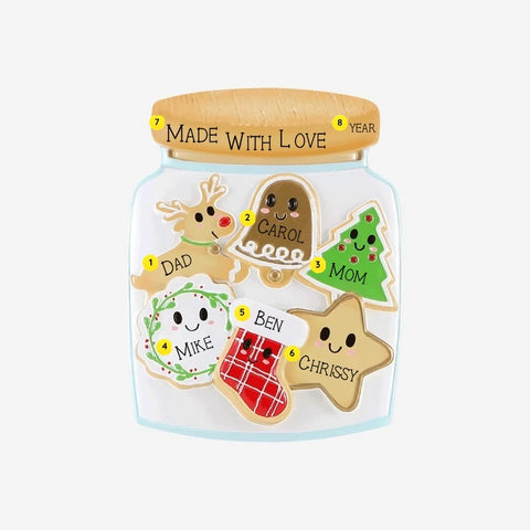 Personalized cookie jar family of 6 ornament with names on each cookie, plus phrase and year on the jar lid.
