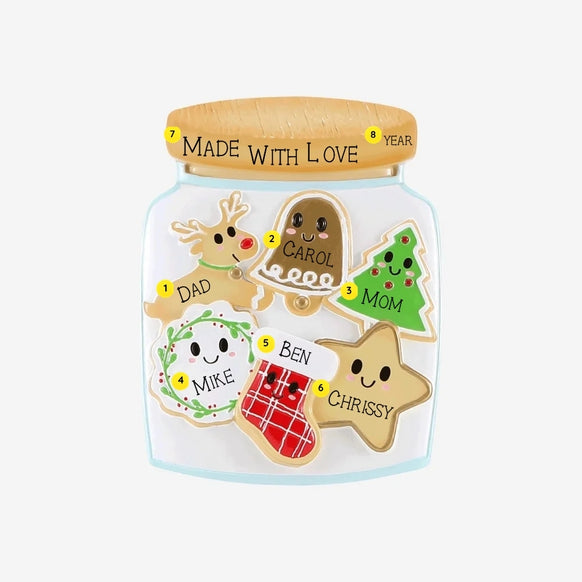 Personalized cookie jar family of 6 ornament with names on each cookie, plus phrase and year on the jar lid.