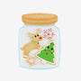 Cookie jar couple ornament with smiling reindeer and Christmas tree cookies inside a pale blue jar with a tan lid.