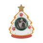 Tree-shaped cookie pet picture frame ornament with white icing detail, red glitter paw prints, a green glitter photo opening, a gold star topper, and a dog photo in the center.