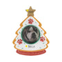 Personalized tree-shaped cookie pet picture frame ornament with a dog photo in the center, a pet name written across the bottom, and a year added on the gold star topper.