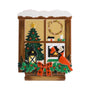 Country cabin Christmas window ornament with a decorated tree, lantern, wreath, fireplace stockings, holly, plaid bow, and cardinal.