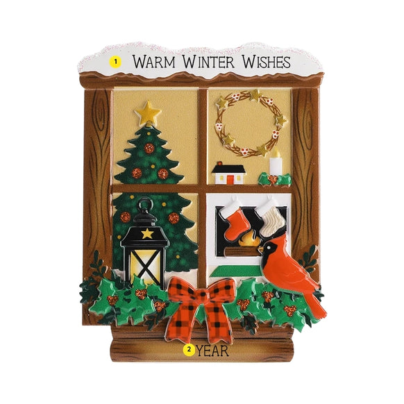 Personalized country cabin Christmas window ornament with “Warm Winter Wishes” on the snowy top and year on the wood base.