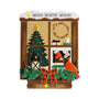 Personalized country cabin Christmas window ornament with “Warm Winter Wishes” on the snowy top and year on the wood base.