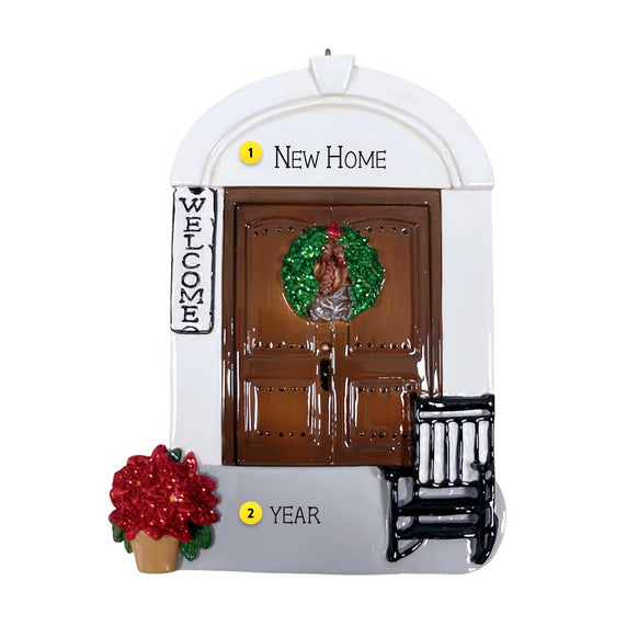 Decorative ornament of a front door with wreath,  sign, and potted plant on a white background.