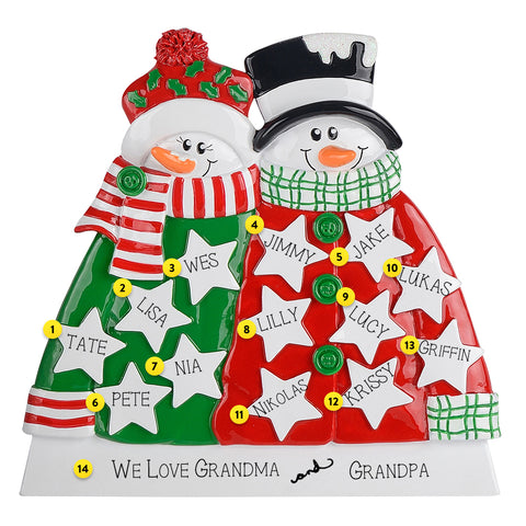 Decorative snowman and snowwoman ornament with names on stars on white background