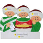A family ornament personalized with names holding a remote control and popcorn, on a white background.