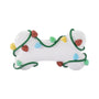 Personalized dog bone ornament wrapped in colorful Christmas lights.