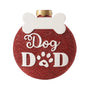Red glitter dog dad ornament with a white bone accent, white lettering, and paw print design.