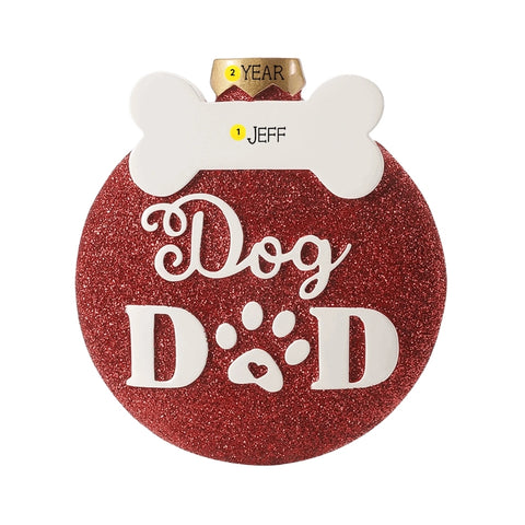 Personalized dog dad ornament with a name on the white bone accent and year added to the gold ornament cap.