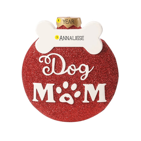 Personalized dog mom ornament with a name on the white bone accent and year added to the gold ornament cap.