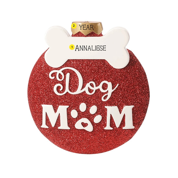 Personalized dog mom ornament with a name on the white bone accent and year added to the gold ornament cap.
