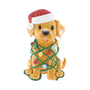 Dog ornament wearing a red Santa hat and tangled in colorful Christmas lights.