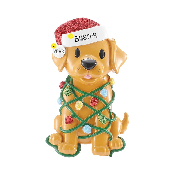 Personalized dog tangled in Christmas lights ornament with a name on the Santa hat and year on the hat pom-pom.