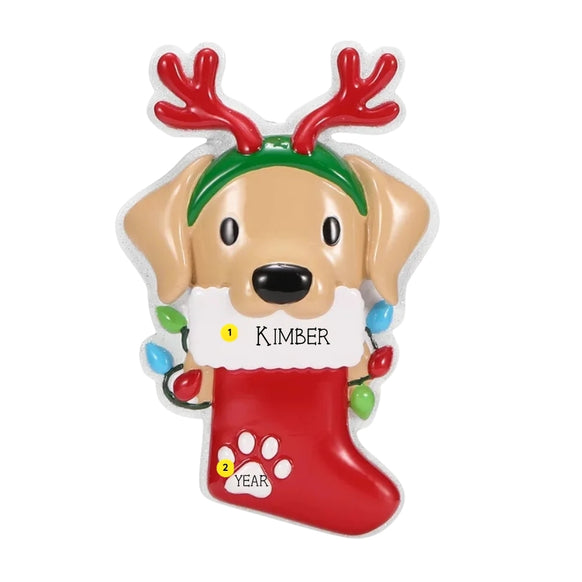 Personalized dog with reindeer antlers ornament with a pet name on the stocking cuff and space for a year on the paw print.