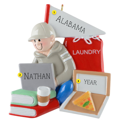 Decorative ornament with a person reading a book, a laundry bag, a pennant, and a piece of pizza on a white background.