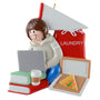 Decorative ornament of a person with a laptop, coffee, books, and a pizza box, with a 'Laundry' bag in the background.