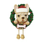 Personalized French Bulldog ornament with Santa hat, Christmas wreath, and blank bone-shaped name plaque